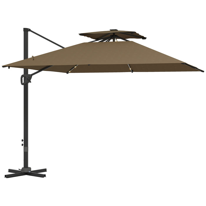 Outsunny 3.5x3 m Garden Cantilever Parasol with Solar LED Lights and Centre Light, Aluminium Large Square Patio Umbrella, UPF50+ Hanging Sun Shade with Cross Base, Crank Handle and Tilt, Khaki