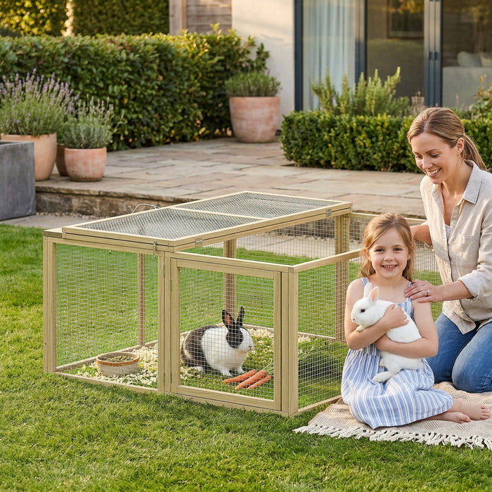 PawHut Wooden Folding Rabbit Hutch, for 2-3 Rabbits - Natural Wood