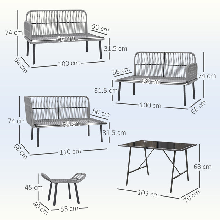 Outsunny 6 Piece Rattan Garden Furniture Set, 8 Seater Garden Corner Sofa with Cushions and Glass Top Table, Sectional Outdoor Furniture Conservatory Set for Patio, Charcoal Grey