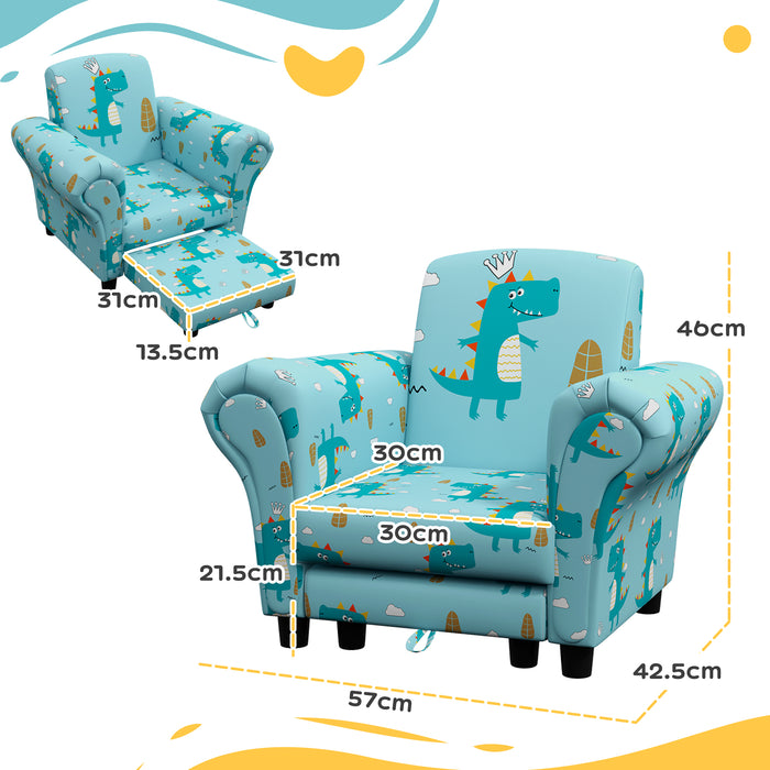 Kids Sofa Set with Dinosaur Theme - Sturdy Wooden Frame, 2-Piece Furniture for Toddlers - Perfect for Ages 1.5-3 Years, Vibrant Blue Color