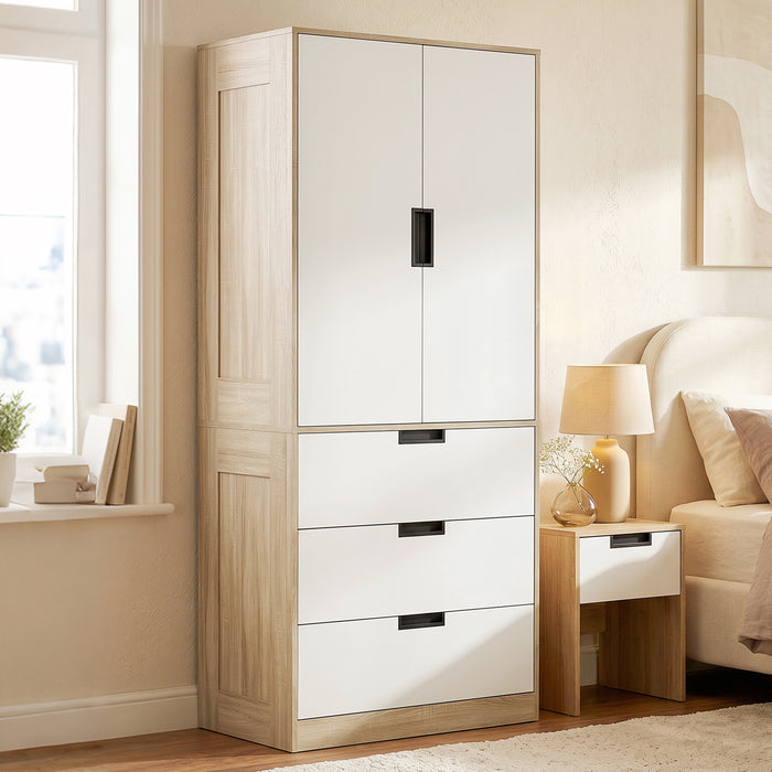 HOMCOM Modern Clothes Storage Cupboard Unit, 3 Drawer 2 Door Wardrobe with Hanging Rod, Oak