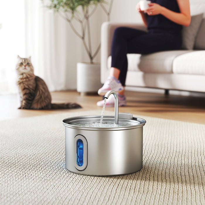 PawHut 2.5L Stainless Steel Cat Water Fountain for Drinking with Ultra-Silent Pump, Water-Level Window, Filters