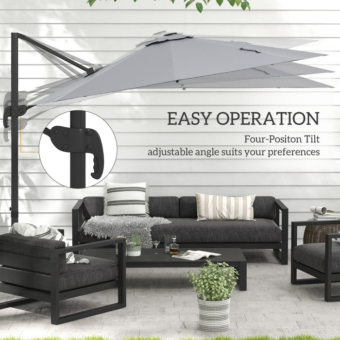 Adjustable 3m Cantilever Parasol with Stand - Solar-Powered LED Lighting, Light Grey Canopy - Ideal for Outdoor Patio and Garden Shade