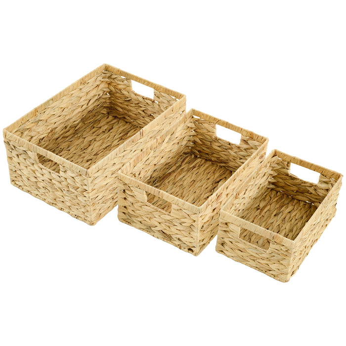 HOMCOM Set of 3 Wicker Storage Baskets, Woven Baskets with Handles, for Organizing, Storage Boxes for Shelves, Bedroom, Living Room, Bathroom, Natural Tone