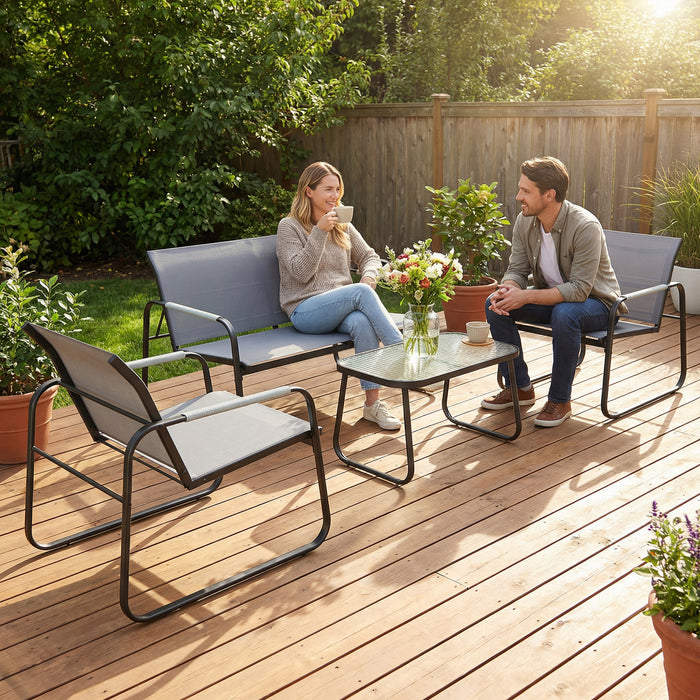 Outsunny 4 Piece Garden Furniture Set, Garden Sofa Set with Loveseat, 2 Armchairs, Tempered Glass Table for Balcony, Grey