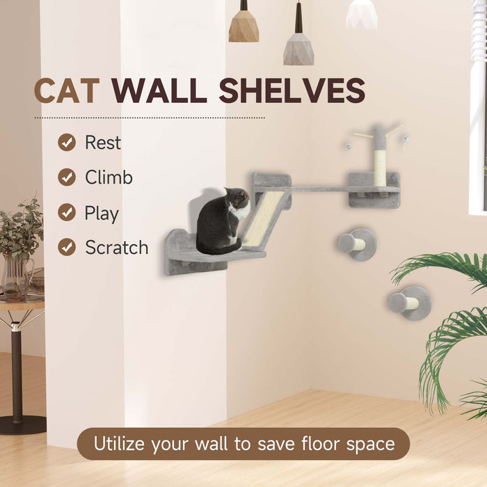 PawHut 3PCs Cat Wall Furniture with Scratching Posts, Scratching Pads, Perches, Cat Wands, Toy Balls, Light Grey | Aosom UK