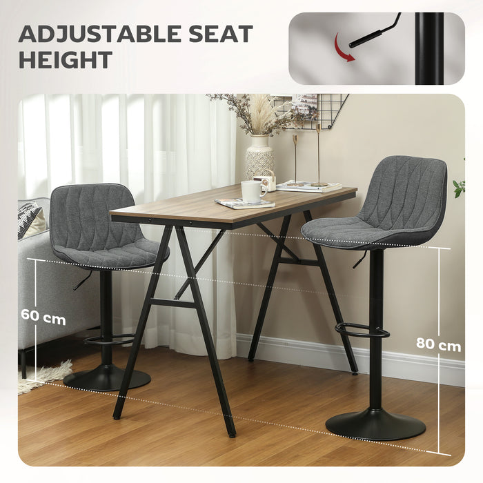 HOMCOM Bar Stools Set of 2, Height Adjustable Swivel Barstools with Backrest and Footrest, Modern Linen Upholstered Armless Bar Chairs for Kitchen, Breakfast Counter, Charcoal Grey