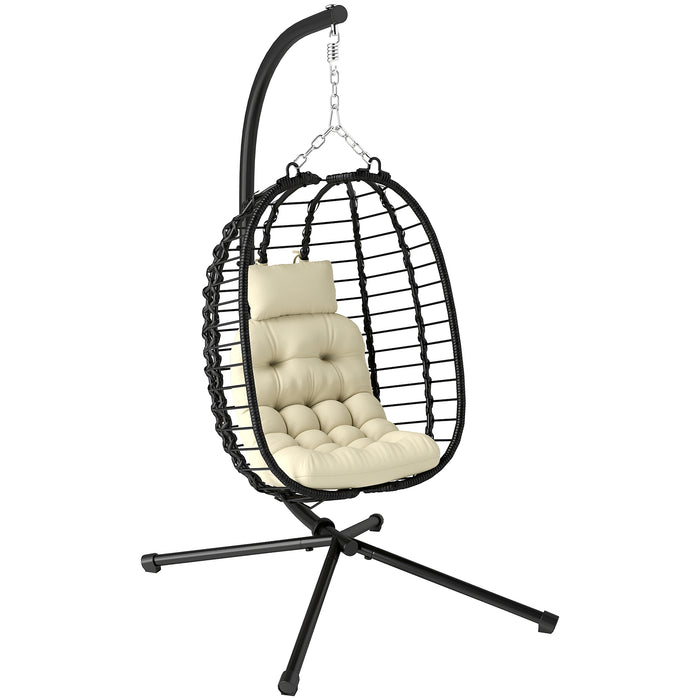 Outsunny Rattan Hanging Egg Chair, Foldable Wicker Hammock Swing Chair with Cushion, Stand, Adjustable Height, Head Pillow, Steel Frame for Garden Patio Indoor Outdoor, Cream White