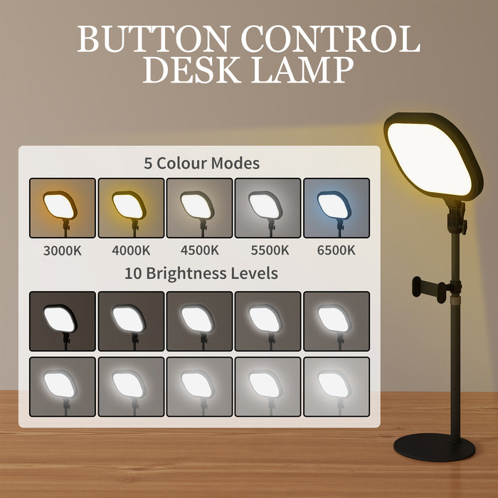 HOMCOM Selfie Light for Video Conference Lighting, Dimmable Desk Lamp with Stand Phone Holder, 5 Colour Modes & 10 Brightness Levels, Memory Function for Home Office, Recording, Video Calls, Black