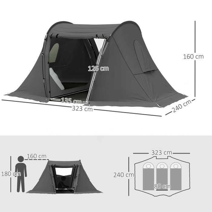 Outsunny 3 Man Camping Tent with Living Area and 2 Bedrooms, 3000mm Waterproof Family Tent with Sewn-in Groundsheet, Portable with Bag for Hiking, Festival, Backpacking, Drak Grey