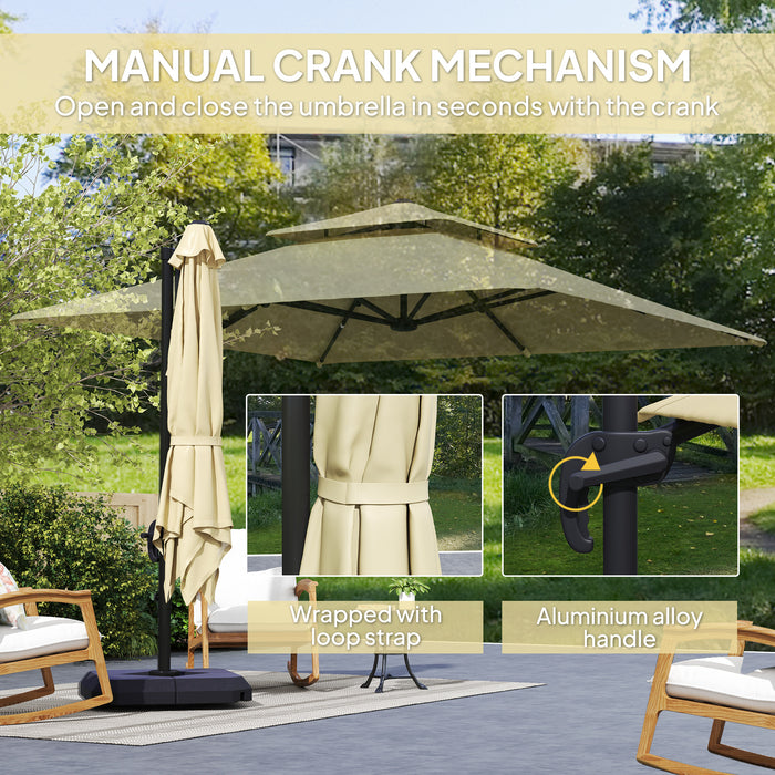 Outsunny 2.7 x 2.7(m) Cantilever Parasol with Aluminium Frame, Crank and Tilt, 360° Rotation, Double Top Garden Umbrella with Base and Cover, Khaki
