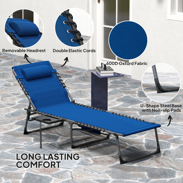 Outsunny Folding Sun Lounger with Side Table, 5-Level Adjustable Reclining Sun Lounger Chair, Portable Garden Recliner Sunbed with Side Pocket, Head Pillow for Patio, Beach, Dark Blue