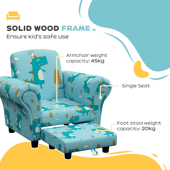 Kids Sofa Set with Dinosaur Theme - Sturdy Wooden Frame, 2-Piece Furniture for Toddlers - Perfect for Ages 1.5-3 Years, Vibrant Blue Color