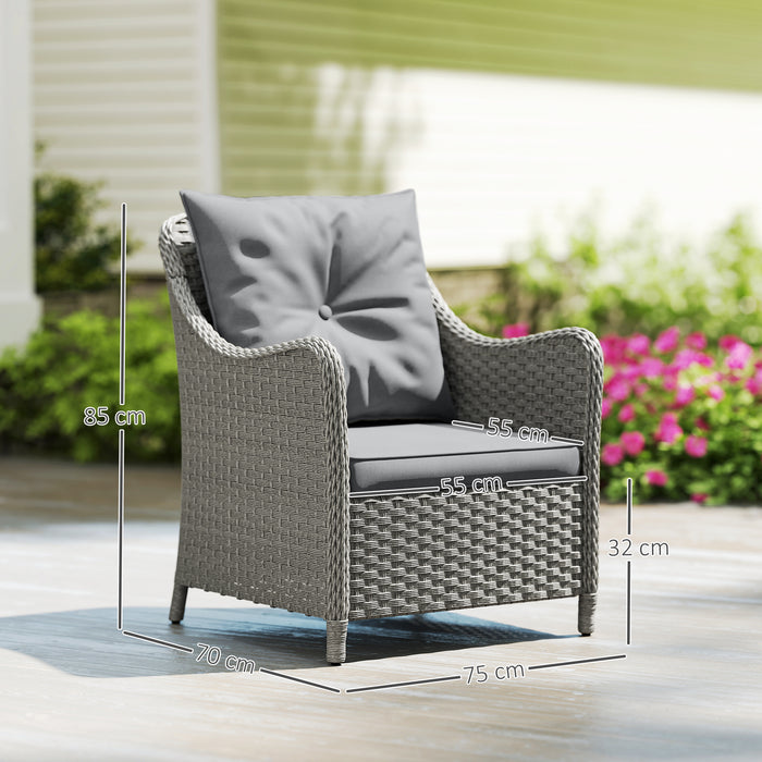 Outsunny Rattan Garden Chairs Set of 2, Outdoor Rattan Chairs with Cushions, Armrests and High Back, PE Wicker Garden Armchair with Steel Frame for Balcony, Porch, Dark Grey