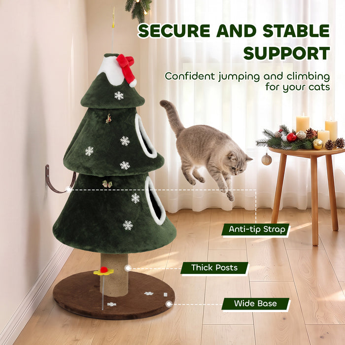 PawHut Cat Tree, Christmas Cat Tower with Dual Condos, Sisal Ladder, Jute Posts, Anti-Tip Rope, Hanging Balls, 60 x 60 x 132 cm
