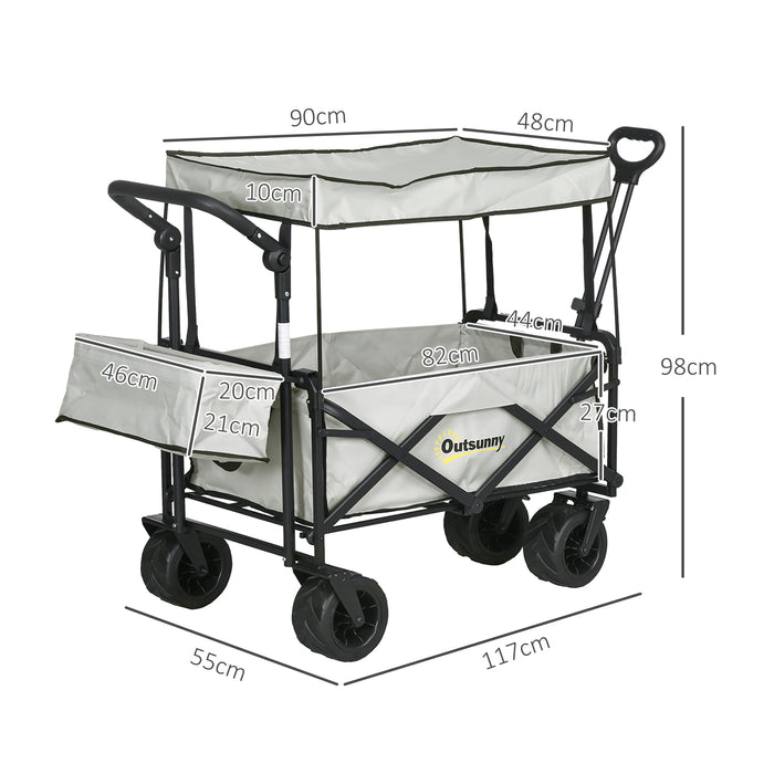 Beach Trailer Folding Cart with Canopy - 4-Wheel Storage Wagon, Pull/Push Handle for Outdoor Use - Ideal for Camping and Beach Trips, Grey