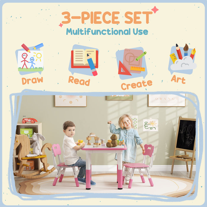 Height Adjustable Kids' Desk Set with 2 Chairs - 3-Piece Children's Activity Table for Playroom and Bedroom - Perfect for Toddlers, Pink