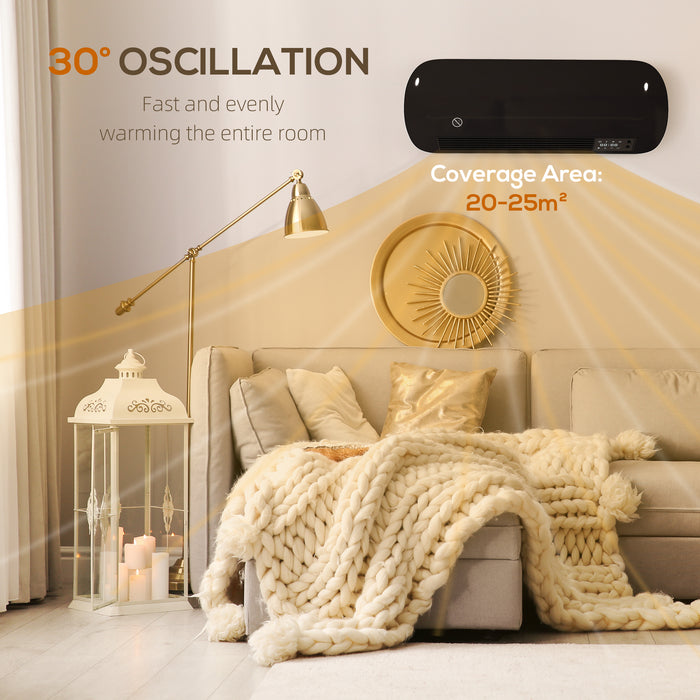 HOMCOM 2000W Ceramic Electric Heater with Fan, Adjustable Thermostat, Wall Mounted - Black
