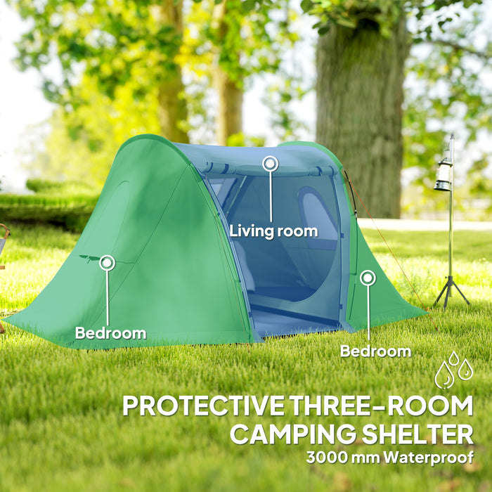 Outsunny 3 Man Camping Tent with Living Area and 2 Bedrooms, 3000mm Waterproof Family Tent with Sewn-in Groundsheet, Portable with Bag for Hiking, Festival, Backpacking, Green
