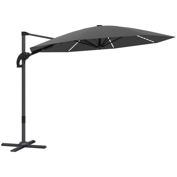 Outsunny 3(m) Cantilever Garden Parasol with Solar Powered Lights, Crank Handle & Cross Base, UPF 50+, 360° Rotation, Dark Grey