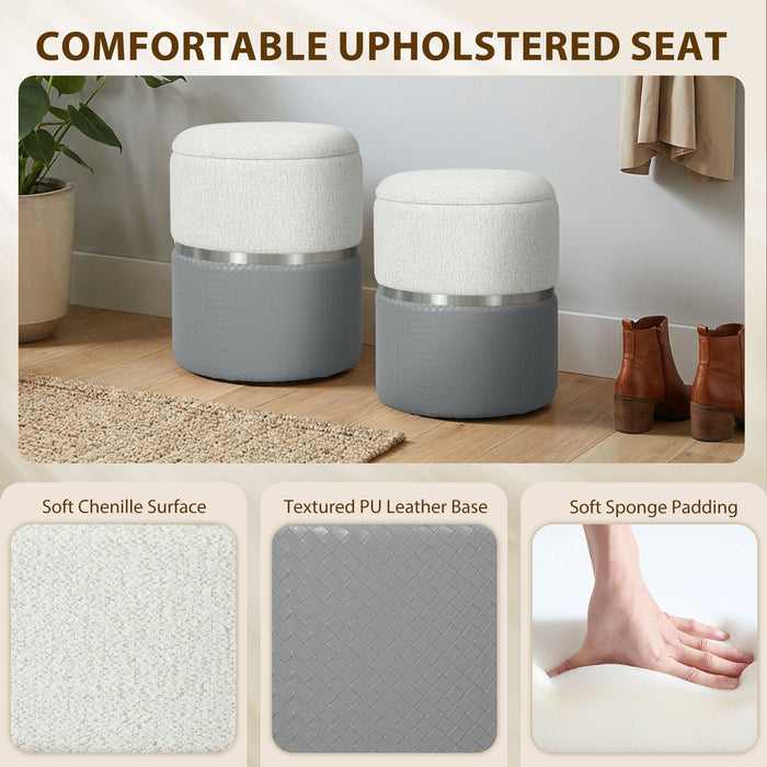 HOMCOM Nesting Round Ottoman with Storage Set of 2 - Cream/Grey