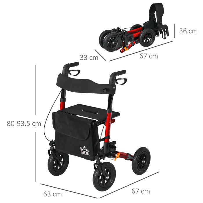 HOMCOM Lightweight Walking Frame, Rubber Wheels, Rollator Walker with Seat and Wheels with Adjustable Handle, Bag, Red
