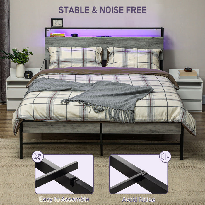 HOMCOM Double Steel Bed Frame, with LED Lights and Headboard Shelf - Grey