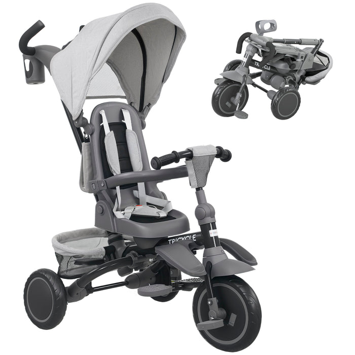 AIYAPLAY 6 in 1 Foldable Kids Trike with Adjustable Parent Handle & Canopy for Ages 1-5, Grey