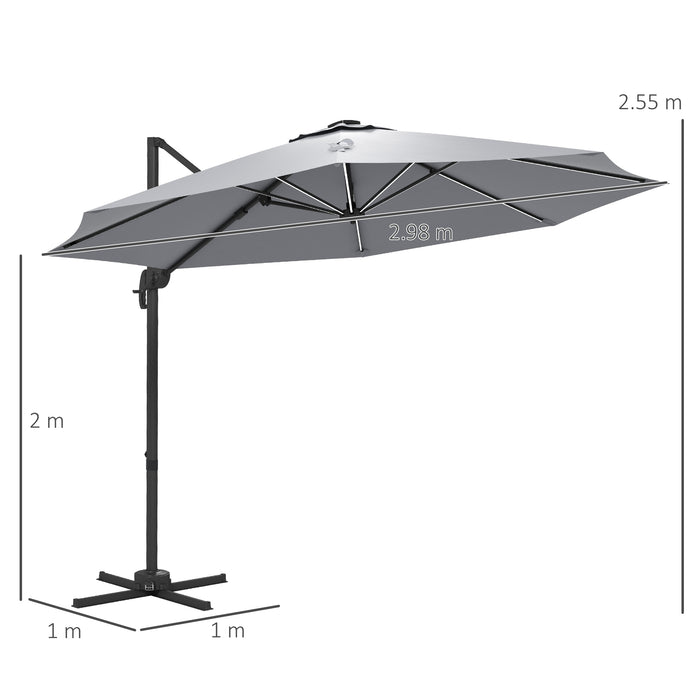 Adjustable 3m Cantilever Parasol with Stand - Solar-Powered LED Lighting, Light Grey Canopy - Ideal for Outdoor Patio and Garden Shade