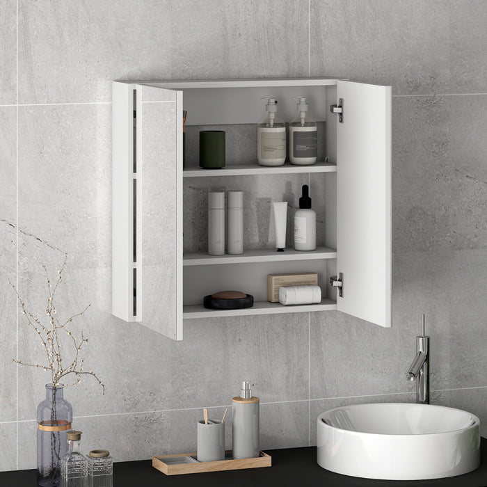 HOMCOM Double Door Wall Mounted Glass Mirror Cabinet Modern Storage Unit Bathroom Shelf Organiser Waterproof Wooden Frame 60W x 15D x 60H cm