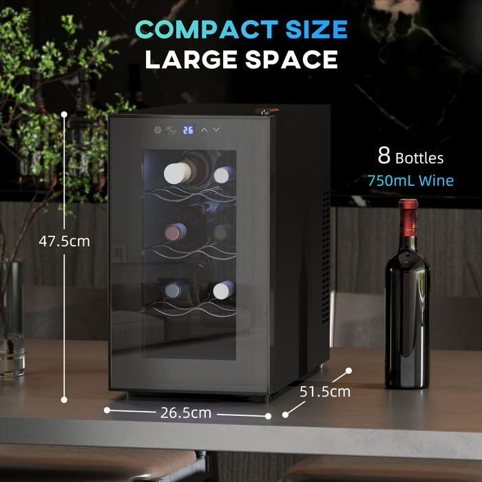 HOMCOM Mini Freestanding Wine Cooler Fridge, 8 Bottle, 21L, 26.5cm Quiet Thermoelectric Under Counter Drinks Beer Wine Fridge with Glass Door, LED Light, Digital Touch Screen, Temperature Control