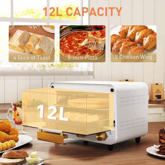 HOMCOM Small Toaster Oven, 12L Multifunction Mini Countertop Oven with Glass Door, Adjustable Temperature and Timer, Accessory Included, 750W, White