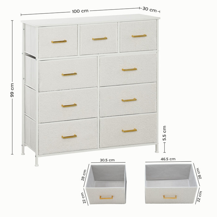 HOMCOM Chest of Drawers with 9 Fabric Drawers, Boucle Storage Organiser with Steel Frame, Fabric Dresser for Bedroom, Living Room, Hallway, Cream White