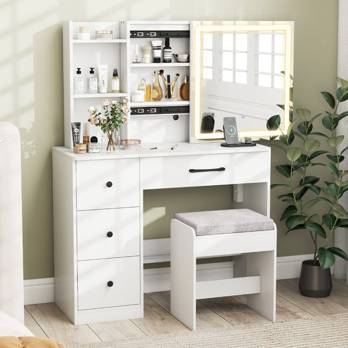 Makeup Table and Chair Set with 4 Drawers and Storage Shelves-