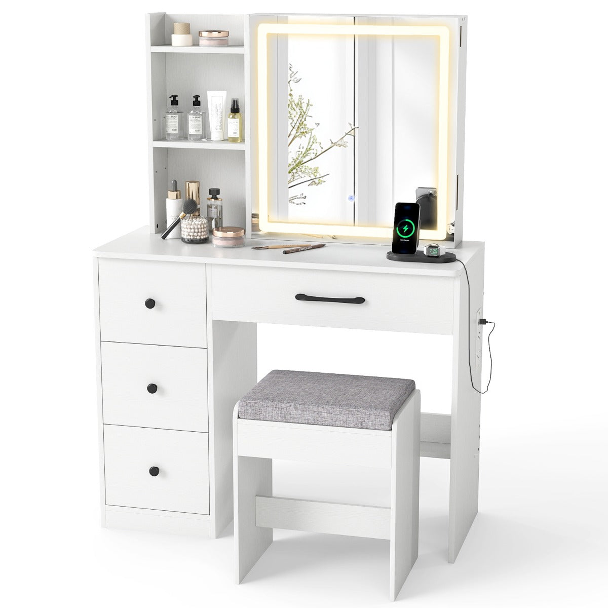 Makeup Table and Chair Set with 4 Drawers and Storage Shelves-
