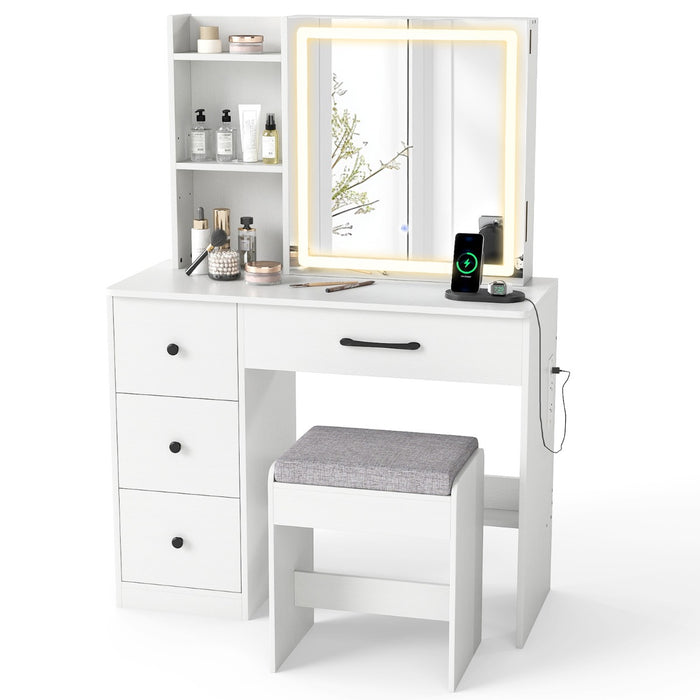 Makeup Table and Chair Set with 4 Drawers and Storage Shelves-