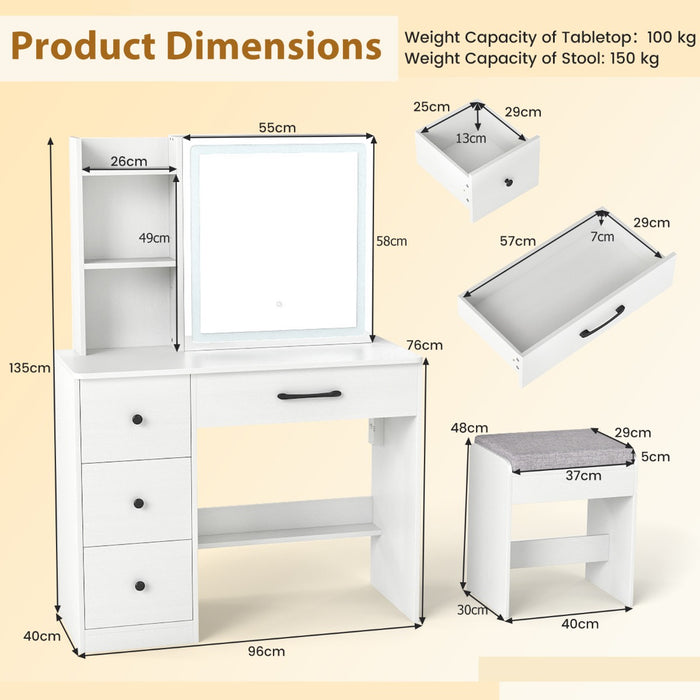 Makeup Table and Chair Set with 4 Drawers and Storage Shelves-