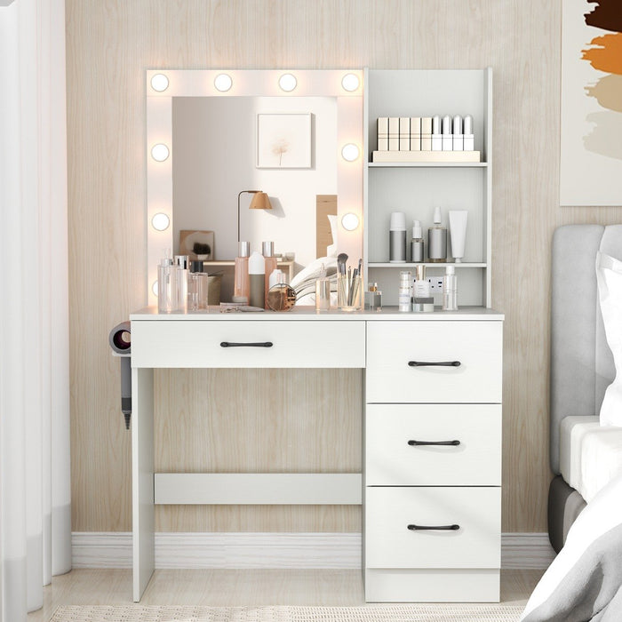 Makeup Vanity Desk Dressing Table with Mirror Lights and Charging Station-White
