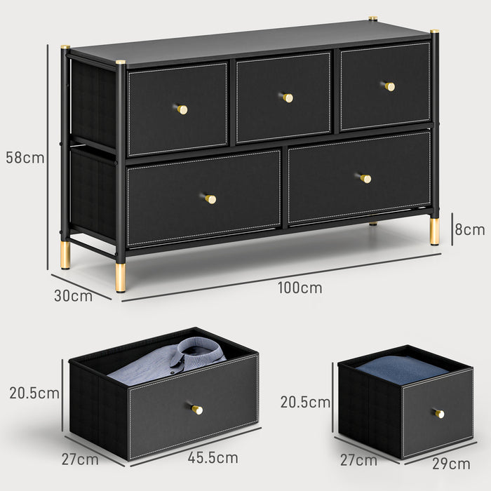 HOMCOM Chest of Drawers, 5 Drawer Fabric Dresser with PU Leather Surface, Steel Frame, Storage Organizer Unit for Bedroom, Living Room, Hallway, Closet, Easy to Assemble, Black