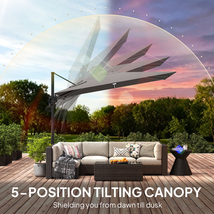 Outsunny 3 x 3 m Garden Cantilever Parasol w/ Light, Cover, UPF50+ Patio Umbrella w/ Wind Protection, 360° Rotation, Dark Grey