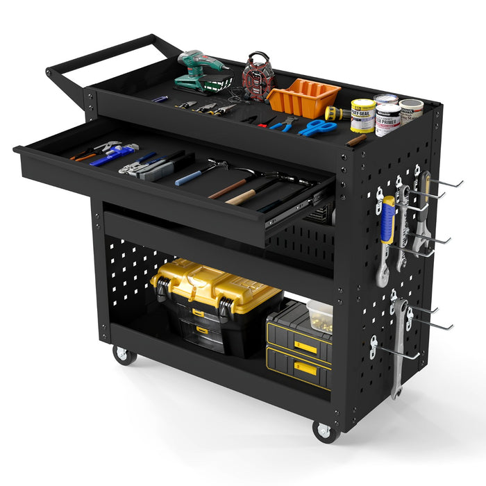 Metal Mechanic Tool Organizer with Large Drawer and 2 Pegboards-