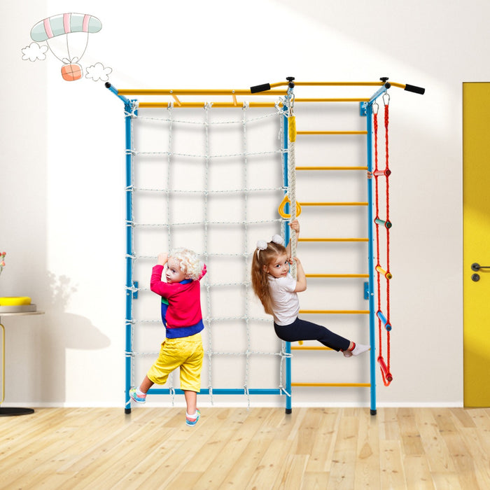 Metal Swedish Ladder Wall Bars for Kids with Gym Rings Climbing Net-