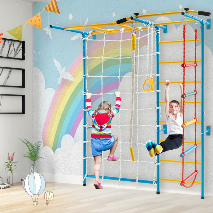 Metal Swedish Ladder Wall Bars for Kids with Gym Rings Climbing Net-