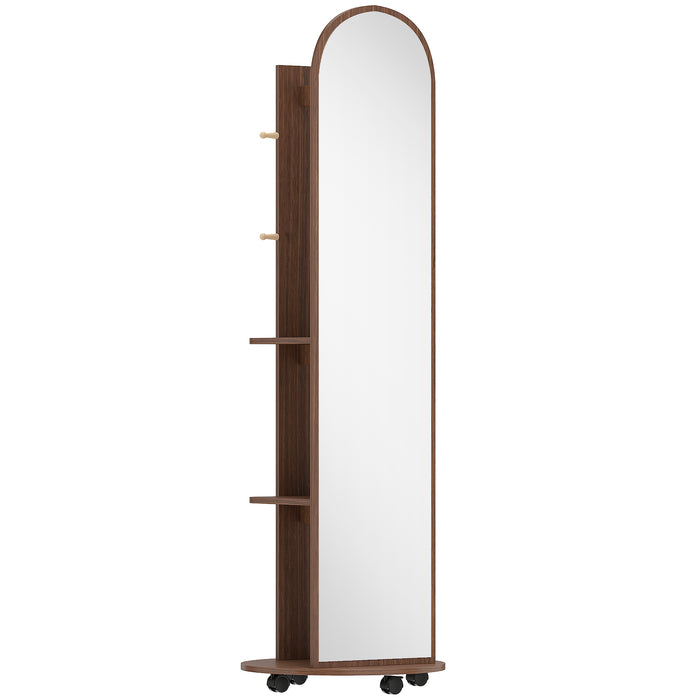 HOMCOM 2-in-1 Full Length Mirror with Storage Shelves, Floor Mirror with 4 Wheels, Coat Rack, Hooks, Brown Wood Effect