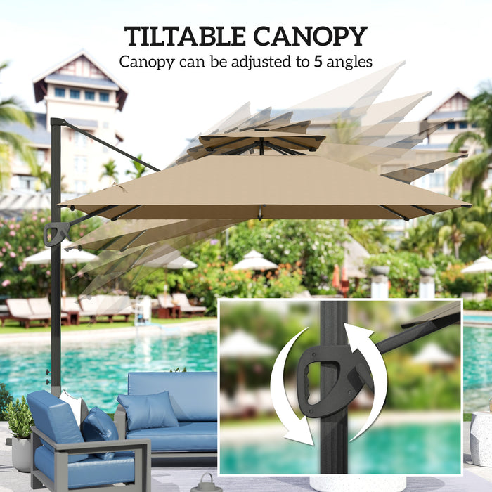 Outsunny 3.5x3 m Garden Cantilever Parasol with Solar LED Lights and Centre Light, Aluminium Large Square Patio Umbrella, UPF50+ Hanging Sun Shade with Cross Base, Crank Handle and Tilt, Khaki