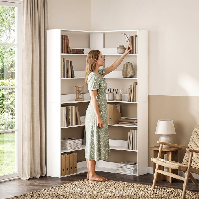 HOMCOM 7 Tiers Bookshelf, L-Shaped Corner Bookcase with Anti-Slip Rear Guard, White Wood Effect