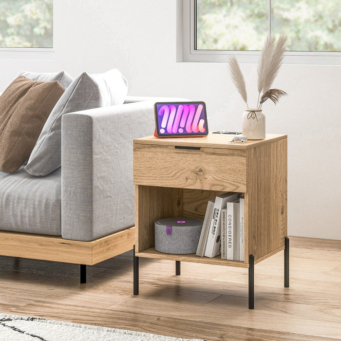 Mid Century Modern Nightstand with Charging Station and Open Compartment-
