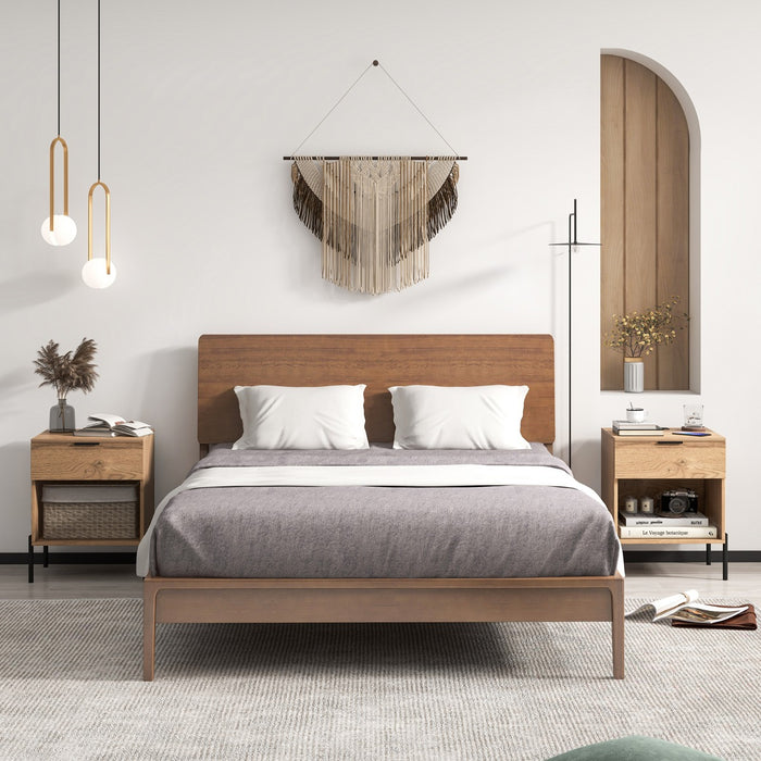 Mid Century Modern Nightstand with Charging Station and Open Compartment-