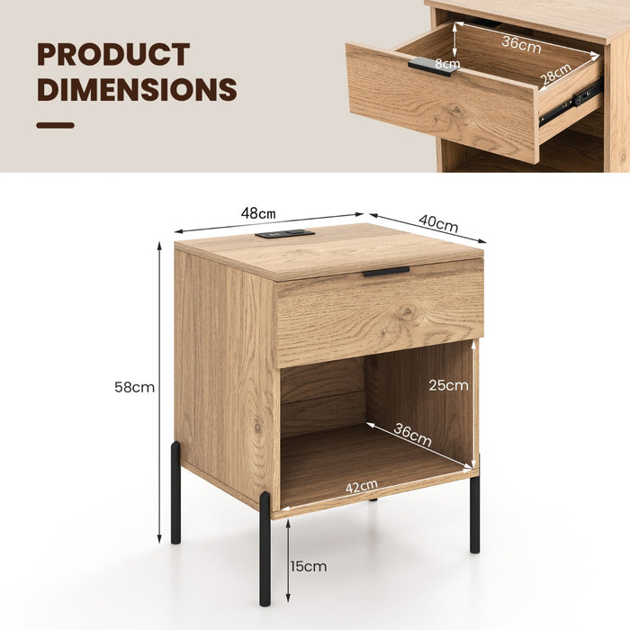 Mid Century Modern Nightstand with Charging Station and Open Compartment-