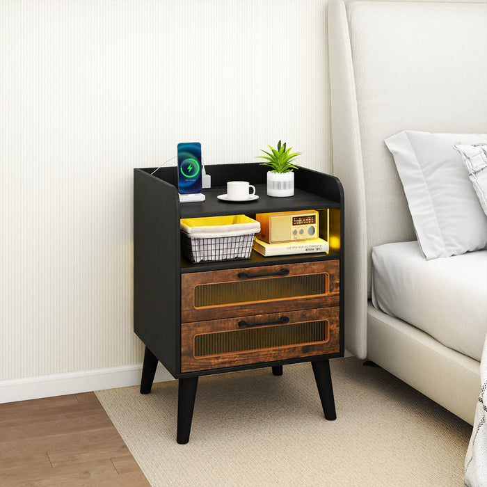 Mid Century Nightstand Modern Bedside Table with Charging Station-
